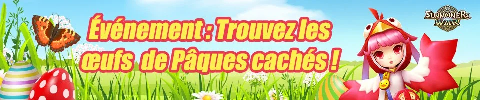 Event banner in French for a game, featuring a cartoon girl in a chicken costume, Easter eggs, a butterfly, and a green grassy background