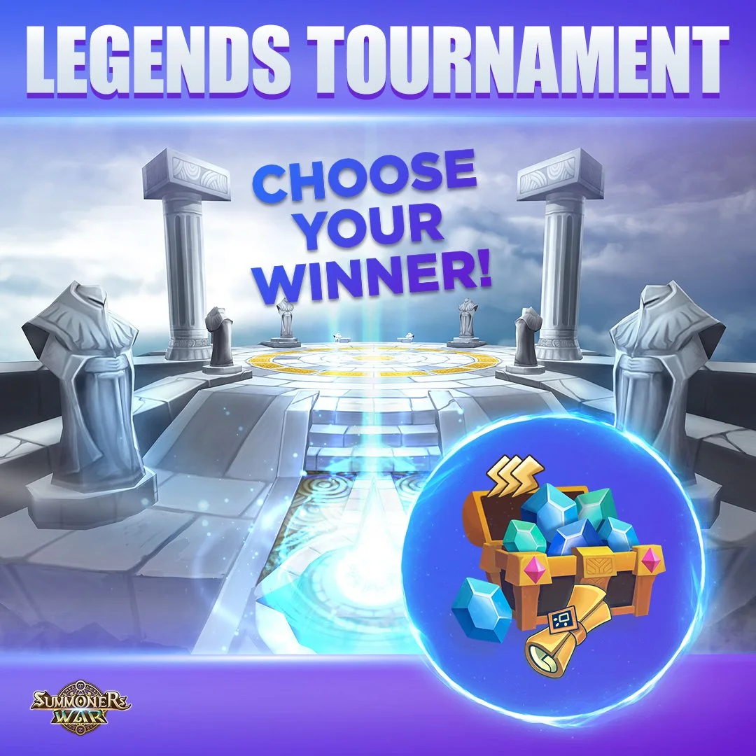 A promotion for a tournament in a game called Summoners War, featuring a sky background with clouds, ancient Greek-style pillars, and an icon of a treasure chest filled with gems and gold, with the text 'LEGENDS TOURNAMENT' and 'CHOOSE YOUR WINNER!'