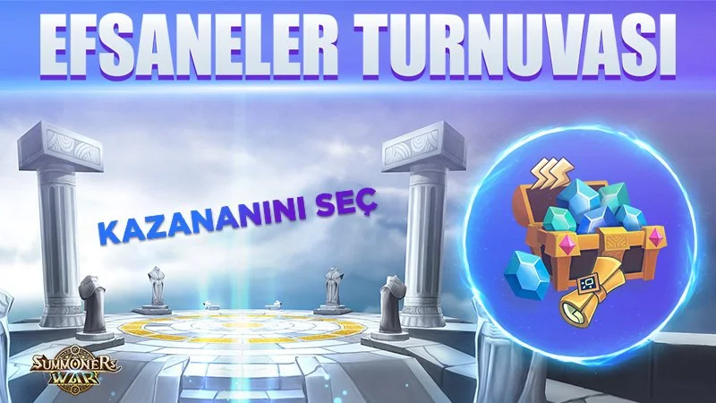Screenshot from a game with the title 'Efsaneler Turnuvası' at the top, featuring an ancient Greek or Roman temple with columns and statues. There is a purple text in the middle that says 'Kazanani Seç' and a glowing circle on the right containing va