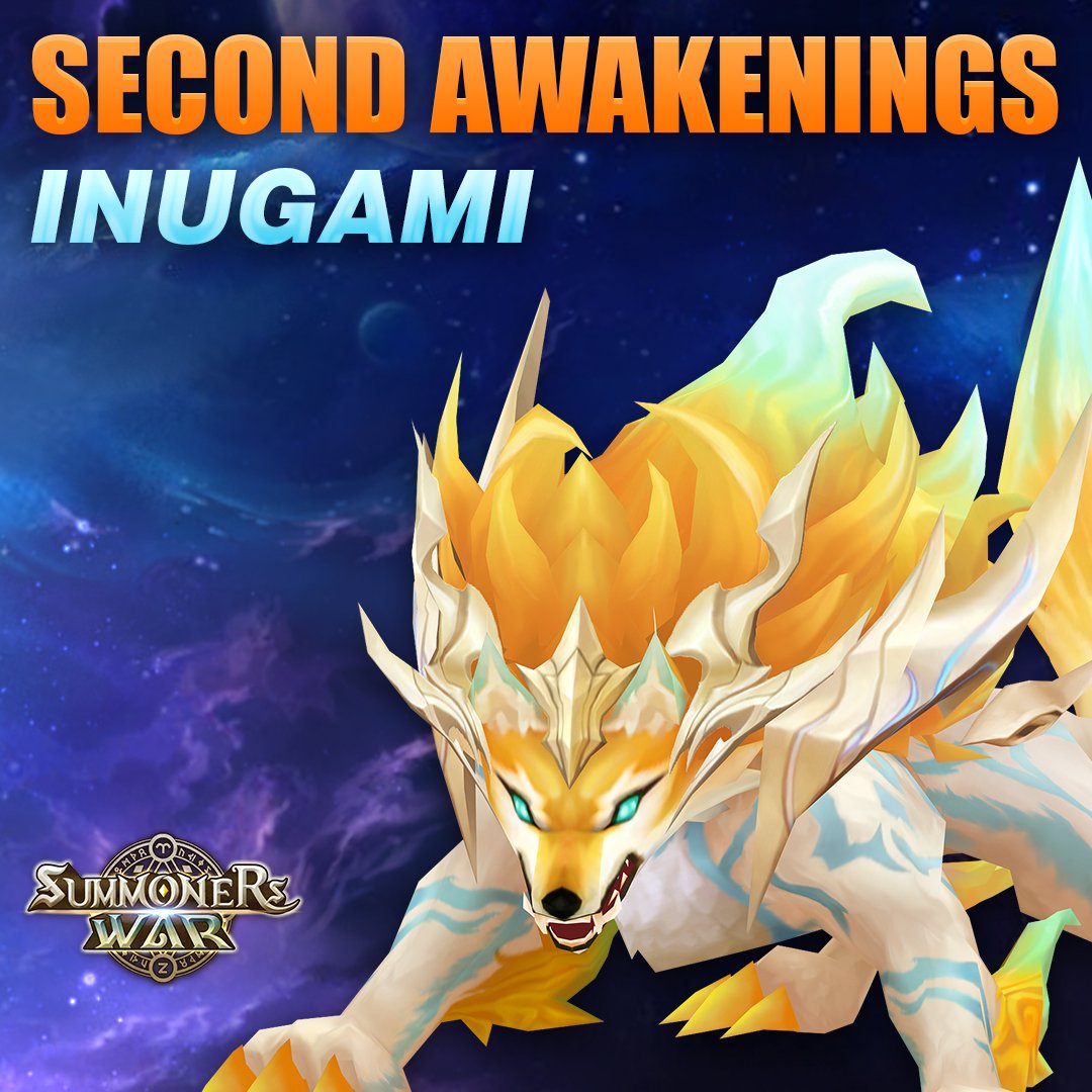 Digital illustration of a fierce, majestic wolf with icy blue eyes and a golden mane, set against a space background with stars and planets, promoting the game Summoners War: Second Awakenings Inugami.