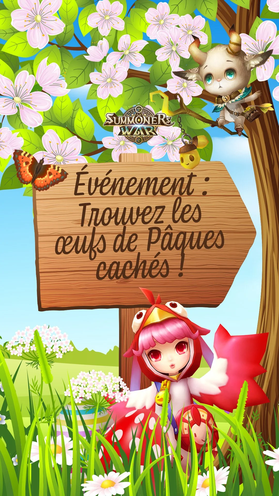 Colorful digital illustration of a cartoon fantasy scene with blooming pink flowers and green leaves on a tree. A cute character with big blue eyes and small horns is sitting on a branch holding a flashlight. A butterfly and a small yellow creature w