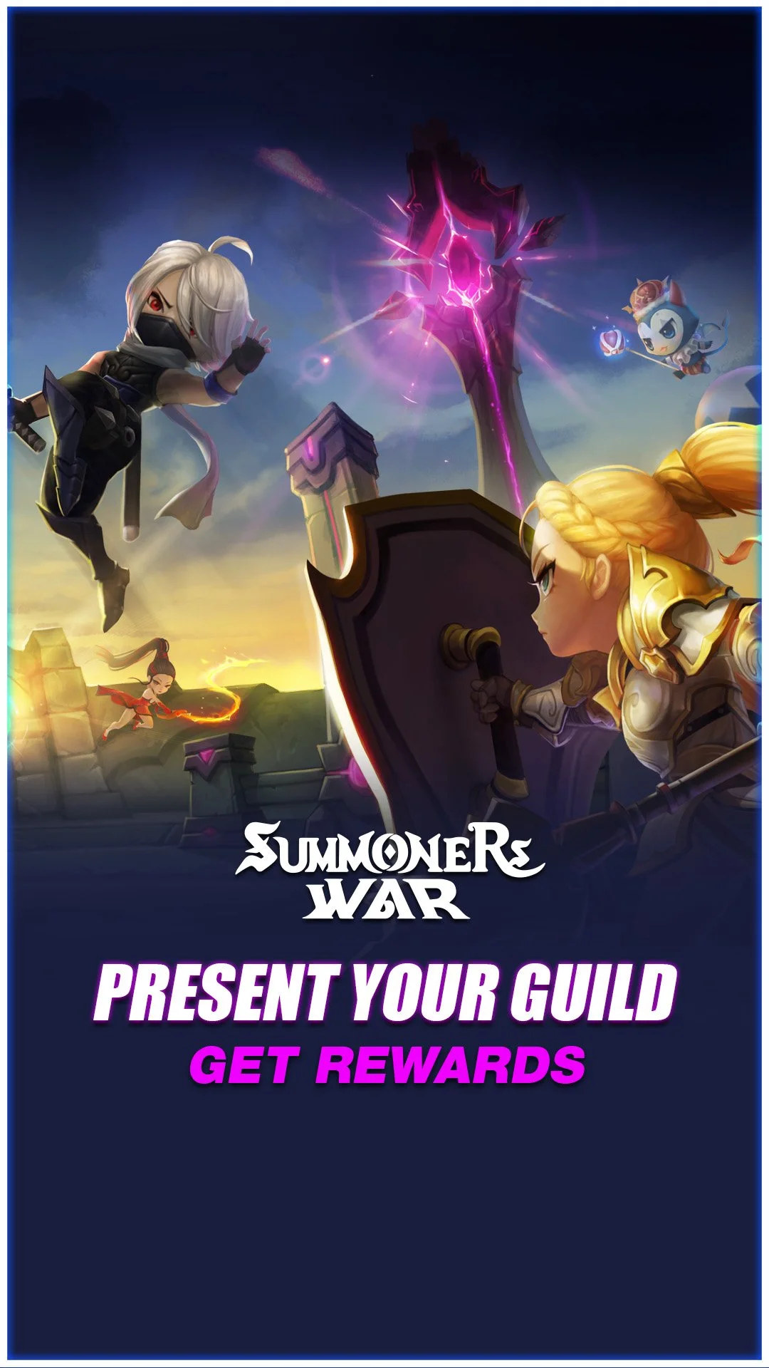 A promotional poster for Summoners War featuring fantasy characters in combat, with text inviting players to present their guilds and earn rewards.