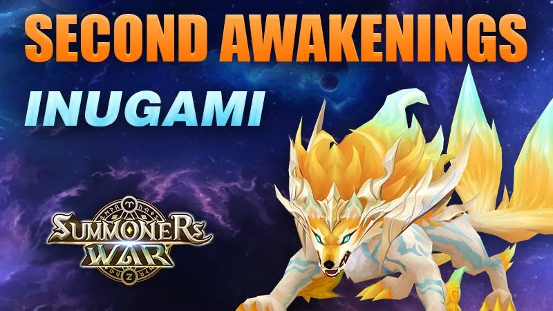 Promotional image for a game called "Summoners War: Second Awakenings" featuring a large, fierce, fox-like creature with a mane of flames and glowing blue eyes, set against a cosmic background with stars and planets, and text indicating "Second Awake