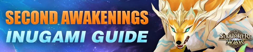 Banner for Second Awakenings Inugami Guide from Summoners War featuring a large, golden, wolf-like creature with glowing blue eyes and a white mane against a dark, cosmic background.