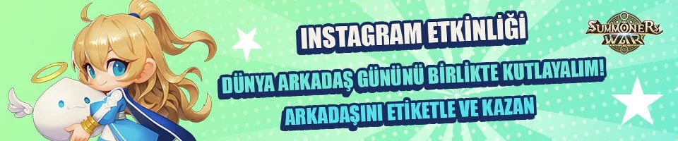 Banner for Summoners War Instagram event, celebrating World Friendship Day with a cartoon character holding a white creature with wings.