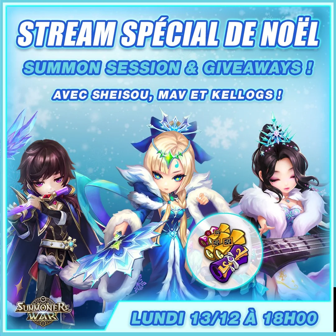 Promotion for a holiday themed special streaming event of Summoner War, featuring characters with winter and ice themes. The event includes session summons and giveaways, scheduled for Monday, December 13th at 6:00 PM.