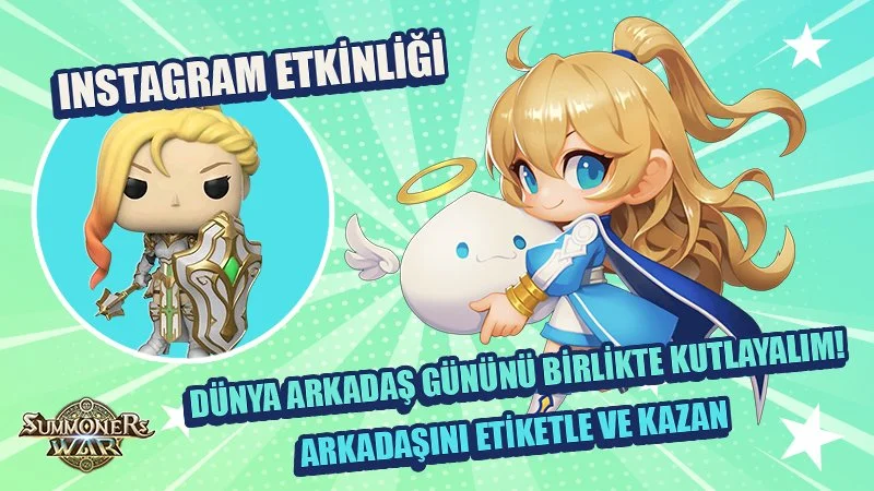 Promotion for an Instagram event featuring characters from Summoners War. The image shows a blonde female character with a halo and blue outfit, holding a cute water droplet creature. A chibi-style knight character with long blonde hair and armor app