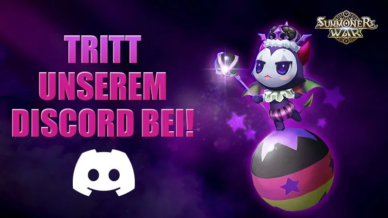 A promotional graphic featuring a character from the game Summoners War. The character is a cute, cartoonish creature dressed as a witch, standing on a colorful, striped ball, holding a staff, with a dark cosmic background. The text in German says "J