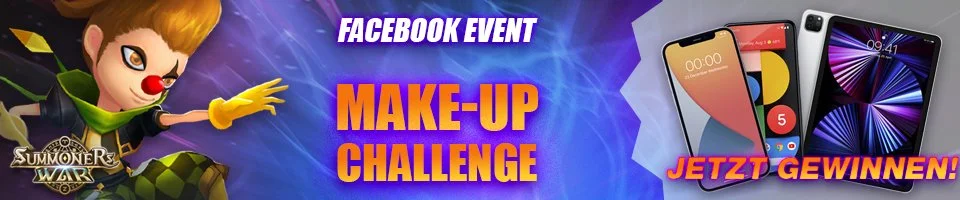 Facebook event banner for a Make-Up Challenge featuring animated character and three smartphones, with a German phrase 'Jetzt gewinnen!'
