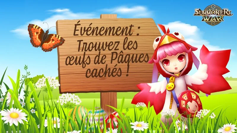 A colorful animated Easter-themed scene with a girl in a pink and red costume, a butterfly, and a wooden sign that says in French, "Event: Find the hidden Easter eggs!" in a grassy field with flowers and a blue sky.