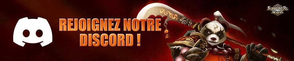 A digital advertisement encouraging to join a Discord server, featuring a panda warrior character wielding a sword from a game called Summoners War.