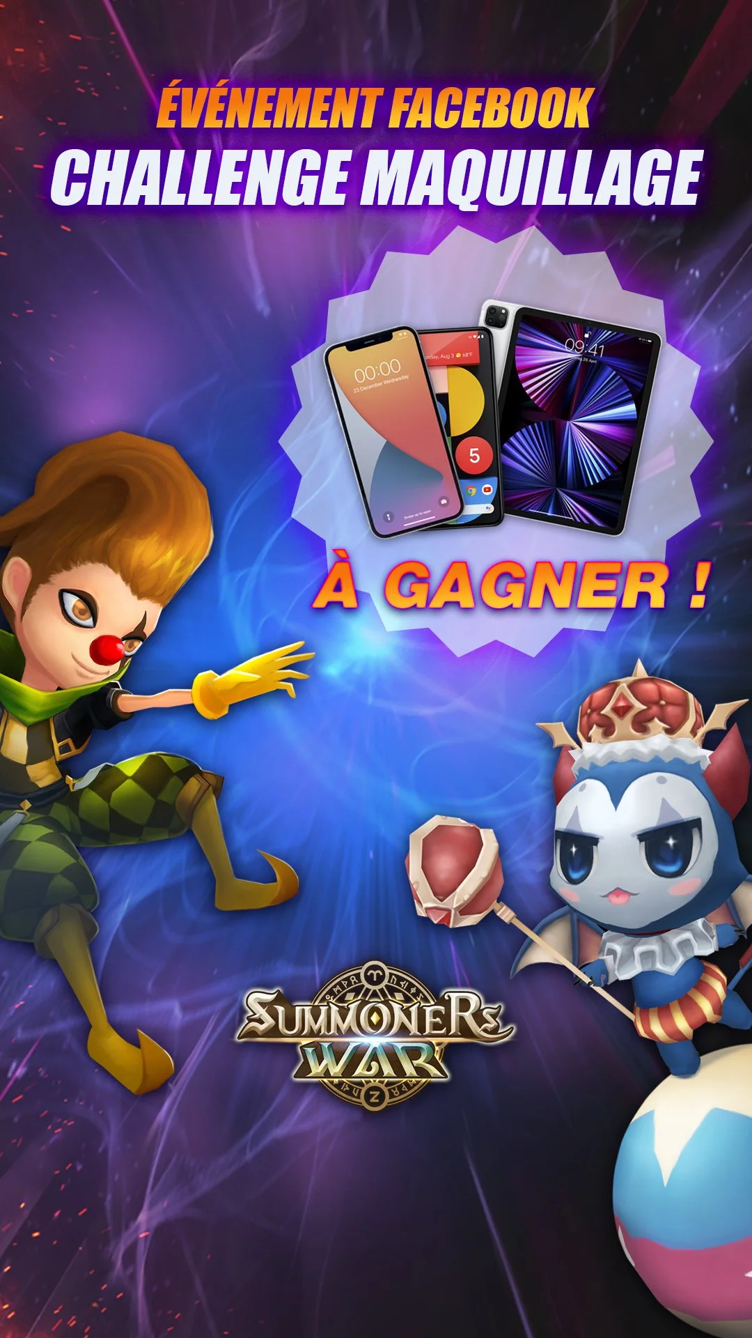 Promotional poster for a Facebook makeup challenge event featuring two smartphones, animated characters, and the Summoners War game logo.