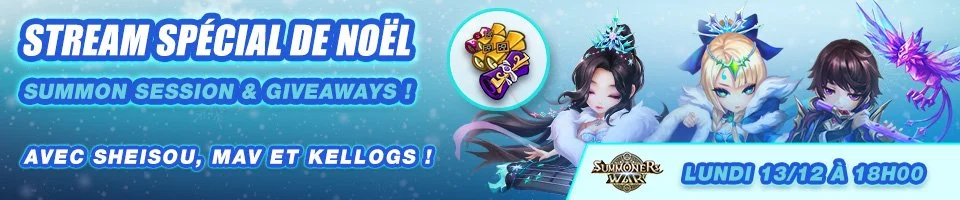 Promotional banner for a Christmas-themed event in a mobile game, featuring animated fantasy characters and text in French about a summon session and giveaways, scheduled for Monday, December 13, at 6:00 PM.