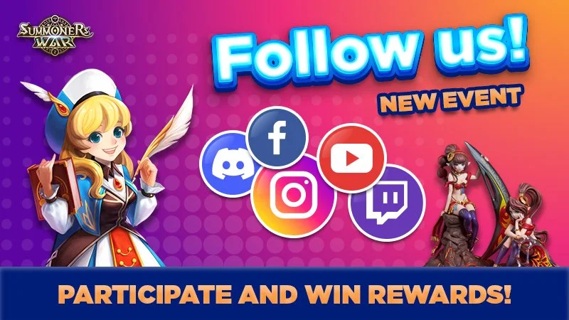 A promotional graphic for a new event in Summoners War encouraging followers on social media platforms like Facebook, Discord, YouTube, Instagram, and Twitch, featuring animated fantasy characters and vibrant pink and purple background.