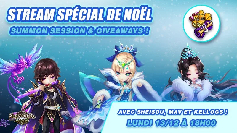Promotional graphic for a Christmas special stream featuring characters SheiSou, Mav, and Kellogs from a fantasy game. Text includes release date and time, and details about summon sessions and giveaways.