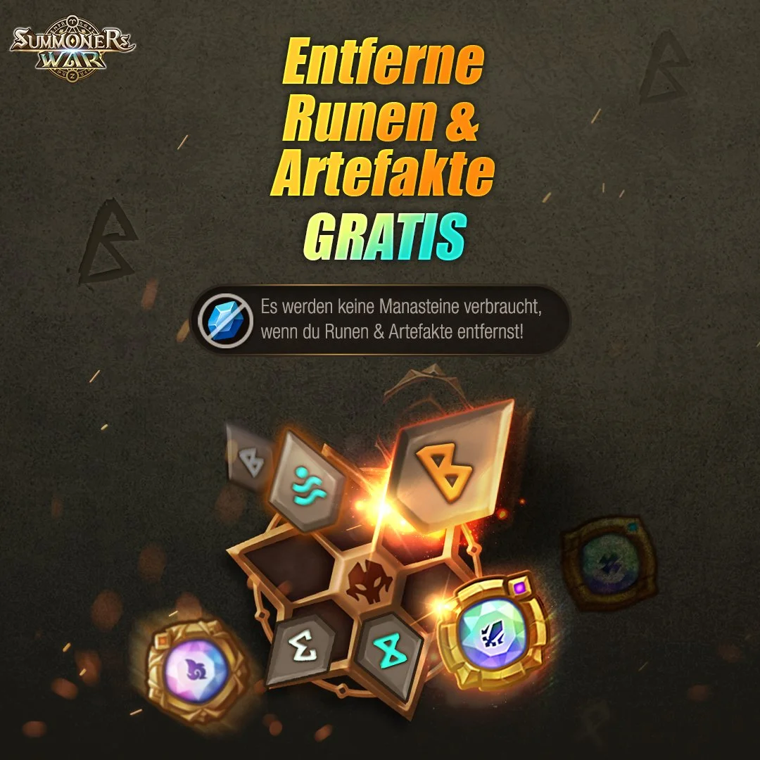 Advertisement for Summoners War game offering free hell runes and artifacts, with a caution that using manastones consumes them.
