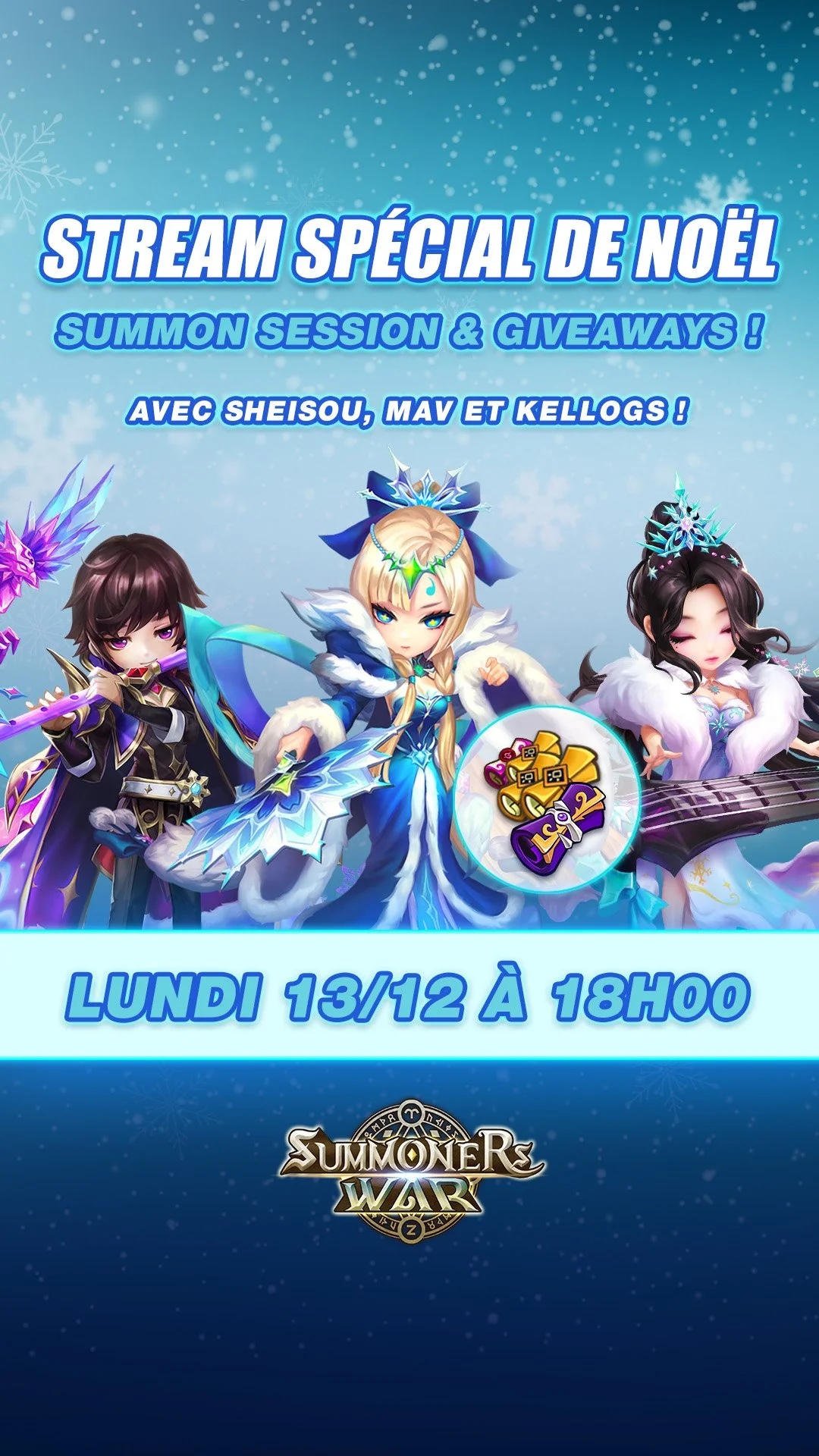 A promotional poster for a Christmas-themed special stream of the game Summoners War featuring three animated fantasy characters dressed in winter clothing, with text in French and blue background with snowflakes.