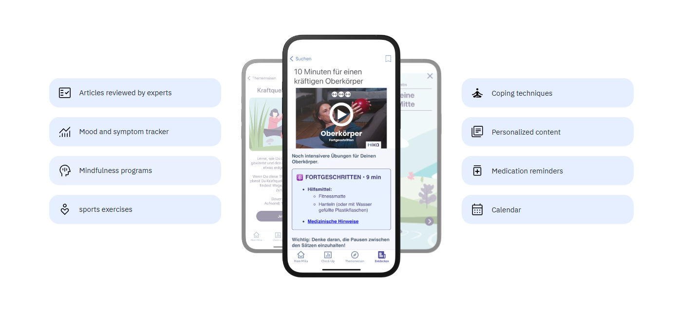 Digital health application interface on a smartphone screen with exercise video, surrounded by menu options including articles, mood tracker, mindfulness, sports, coping techniques, personalized content, medication reminders, calendar, and icons representing different features.