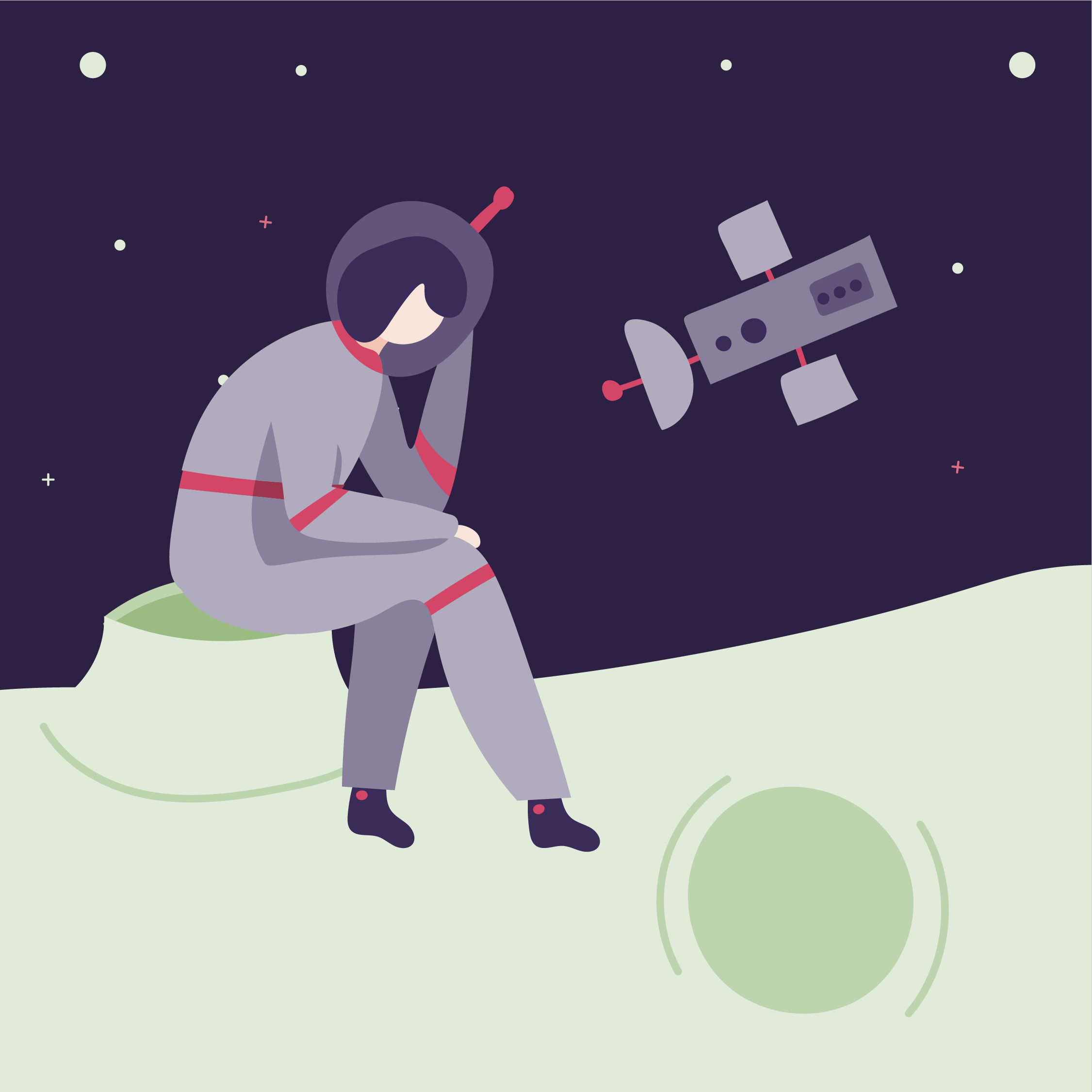 A cartoon illustration of an astronaut sitting on the moon, looking at a robot floating in space, with stars and planets in the background.