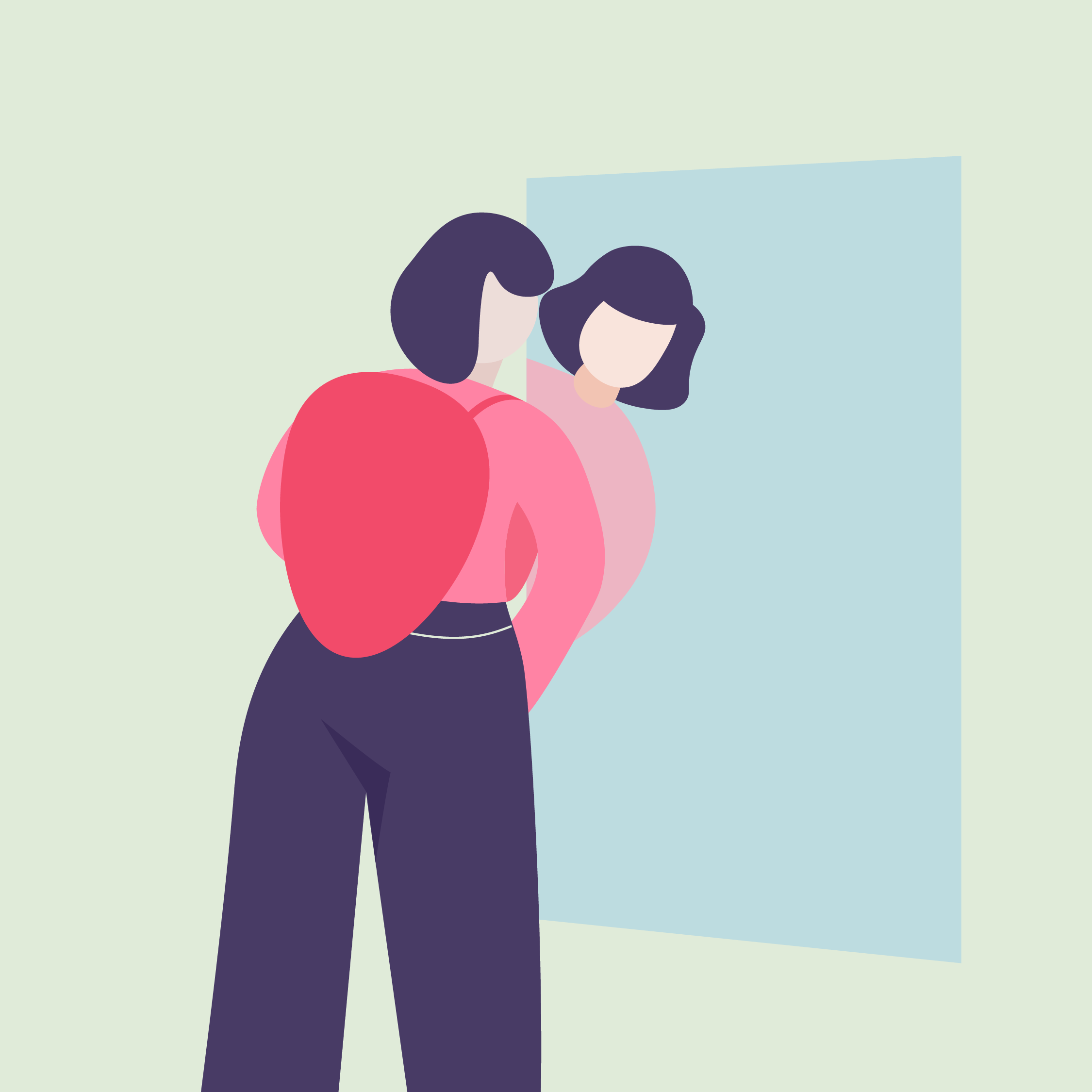 Illustration of two women with dark hair, one wearing a pink top and the other a red top, standing close and facing each other against a background with a light green wall and blue window.