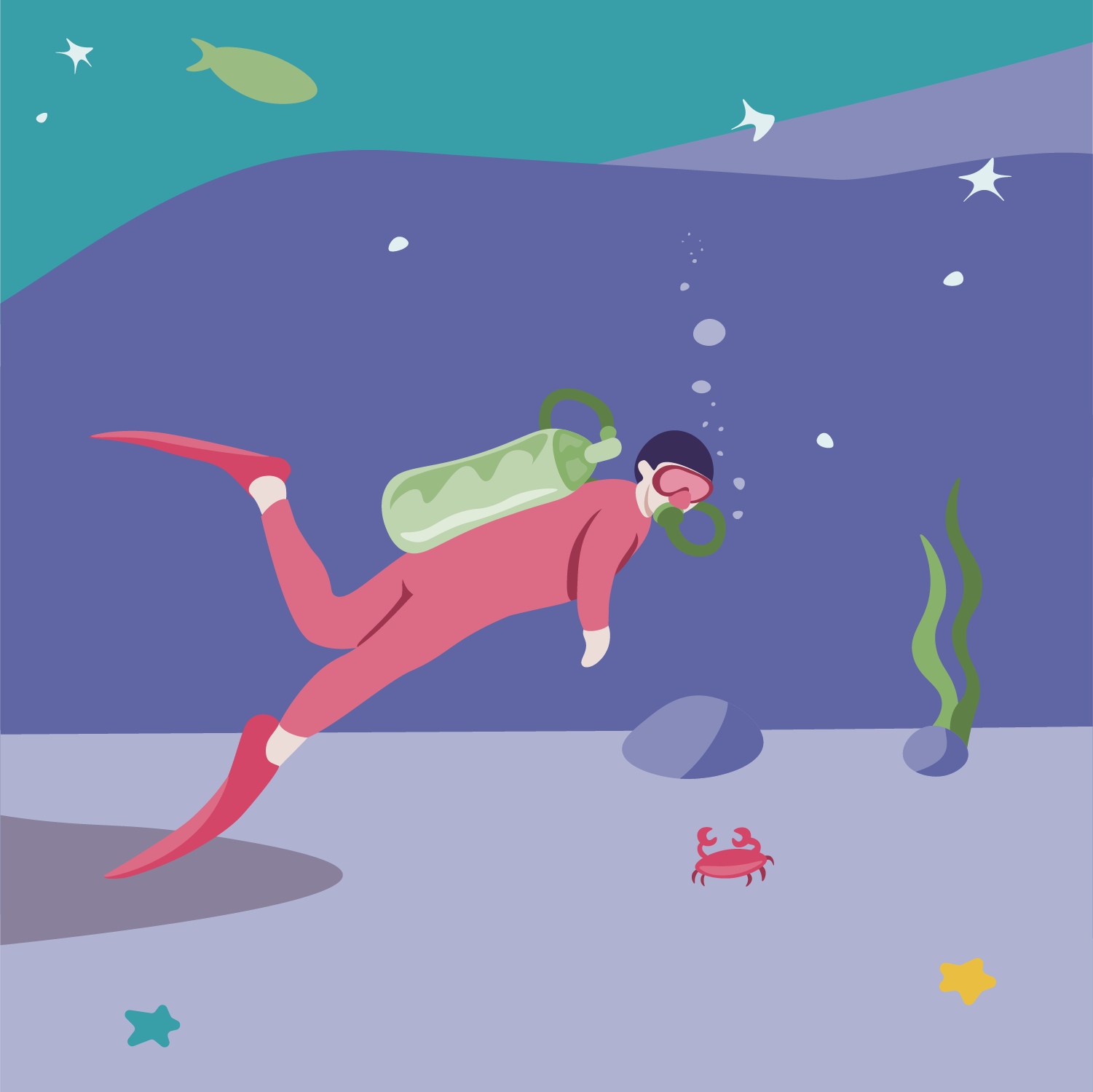 An animated underwater scene features a person in a pink wetsuit with fins and snorkeling gear, swimming near a pink crab, with seaweed, rocks, and colorful stars on the ocean floor, and fish swimming above.