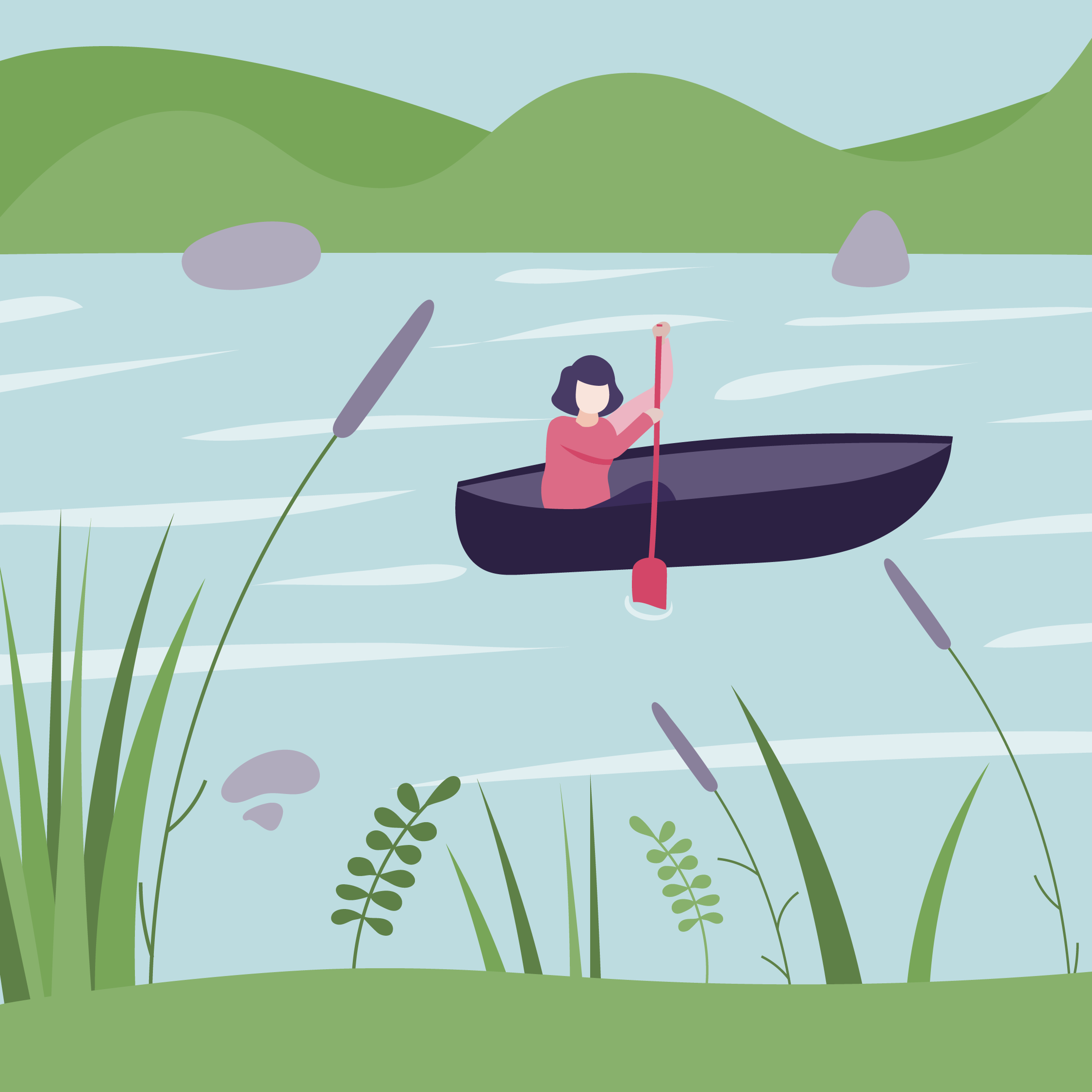 An illustration of a woman kayaking on a calm river, surrounded by green hills and plants with rocky formations in the distance, under a light blue sky.