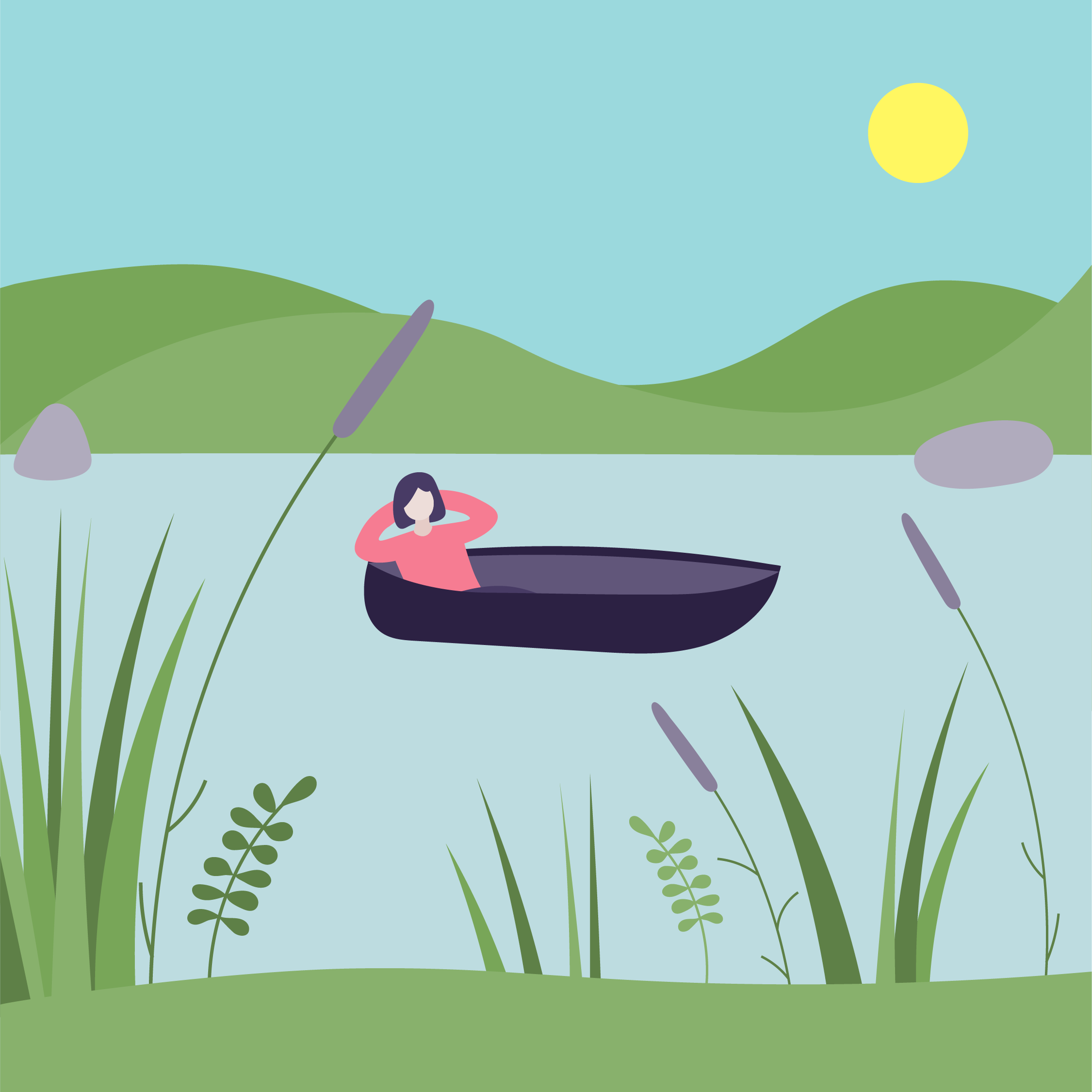 A woman relaxing in a small boat on a lake, surrounded by green hills and tall grasses, under a clear blue sky with a bright yellow sun.