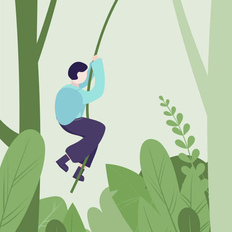 A digital illustration of a person wearing a light blue shirt and dark pants, climbing a green vine in a lush, green forest surrounded by various large leaves and plants.