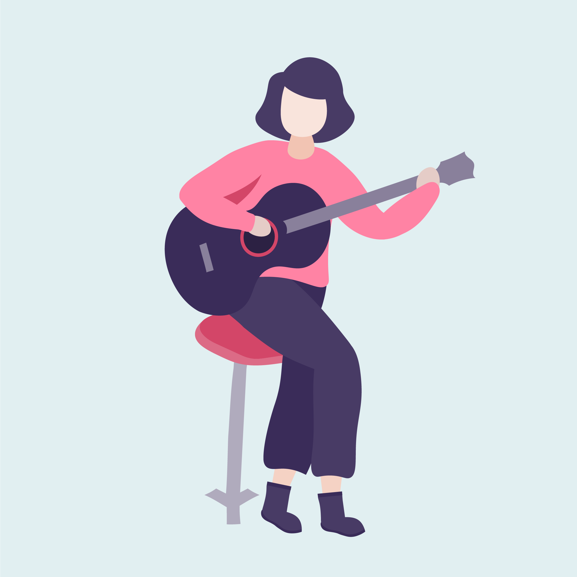 An abstract illustration of a person with short dark hair, wearing a pink top, scarf, and boots, holding a guitar while standing on a stool.