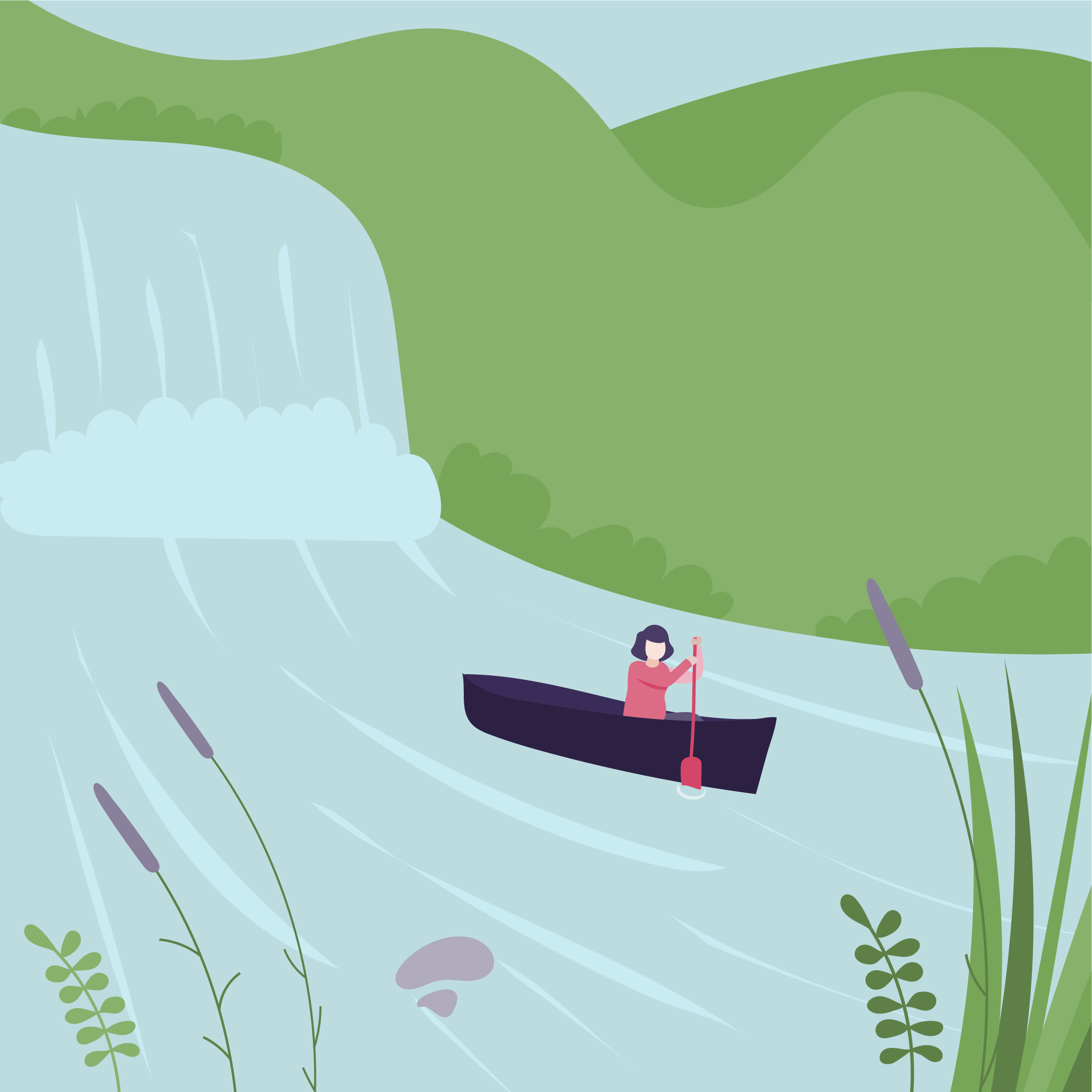 A woman in a boat on a river, paddling with a long oar, surrounded by green hills and plants with a waterfall in the background.