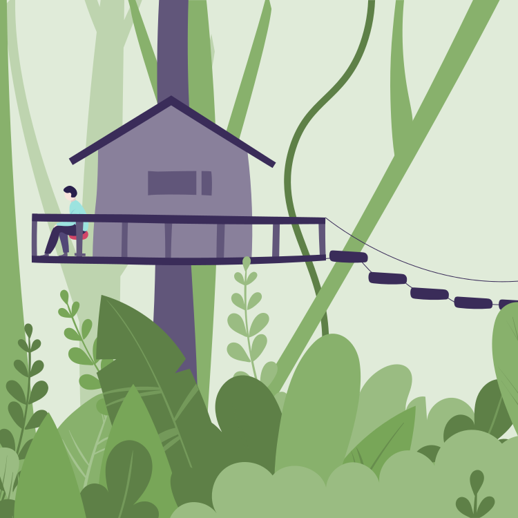 A person sitting on a treehouse balcony in a lush, green forest with large leafy plants and vines, and a rope bridge connecting to the treehouse.