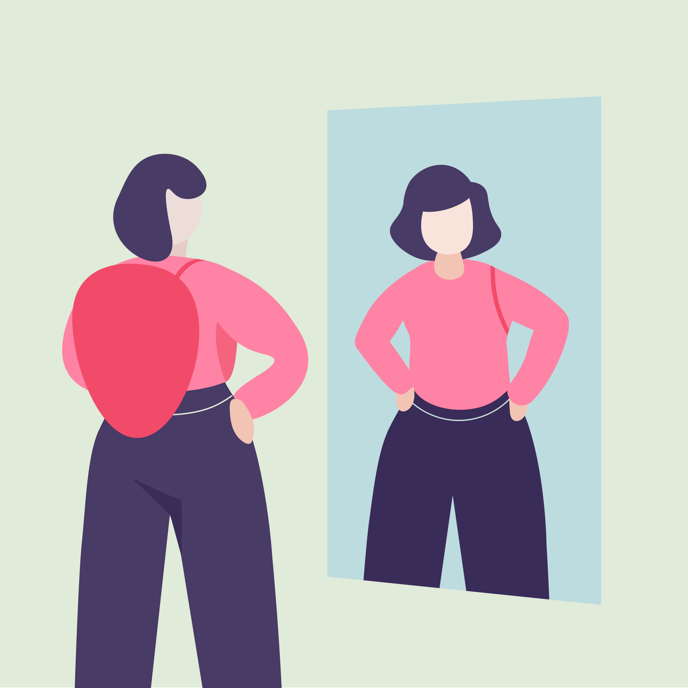 Two illustrated women with dark hair wearing pink and dark clothing, one facing away and the other facing forward with hands on hips, against a pastel background with a blue rectangle.