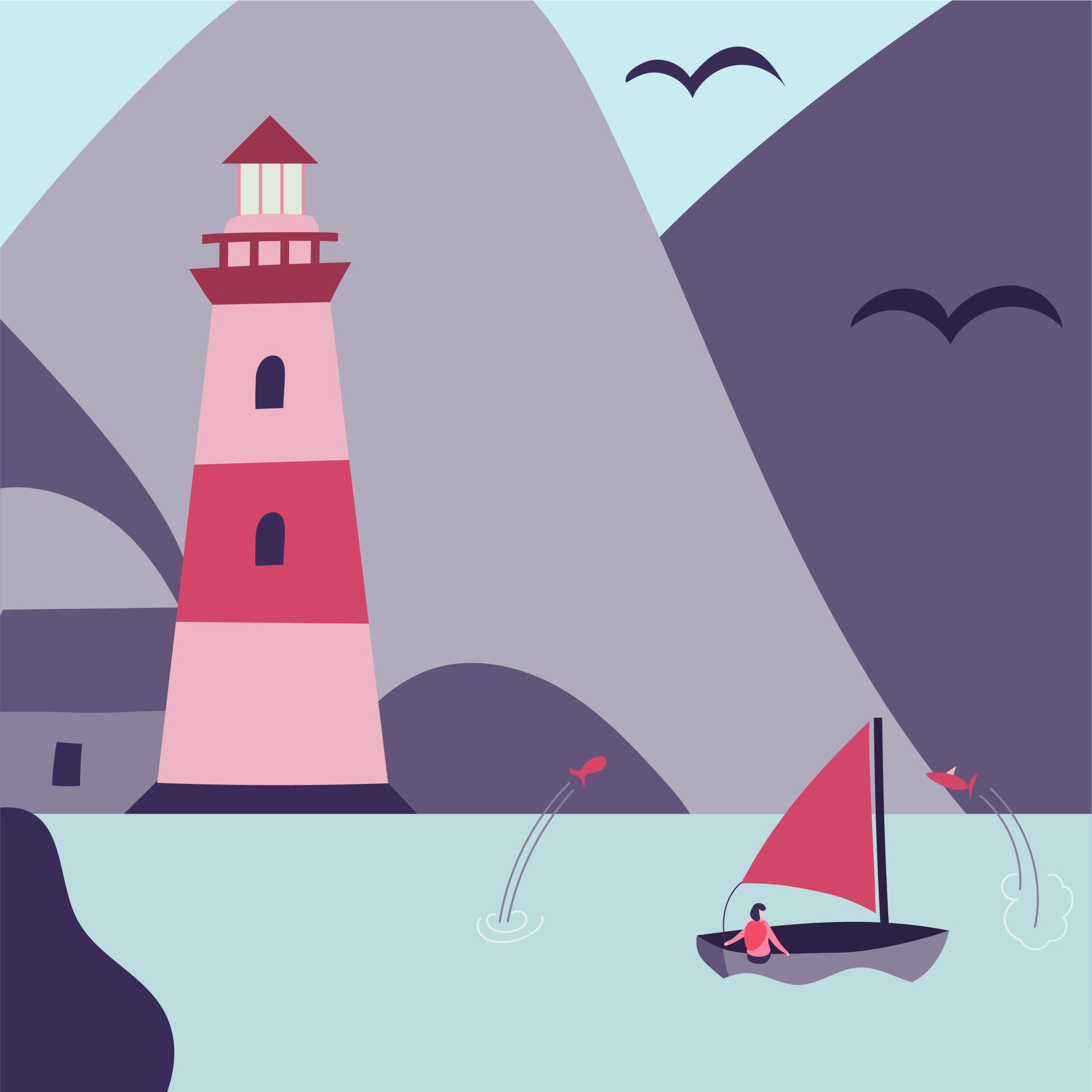 Illustration of a lighthouse on a rocky coast with a lighthouse girl sitting on a boat with a red umbrella, accompanied by birds flying in the sky.