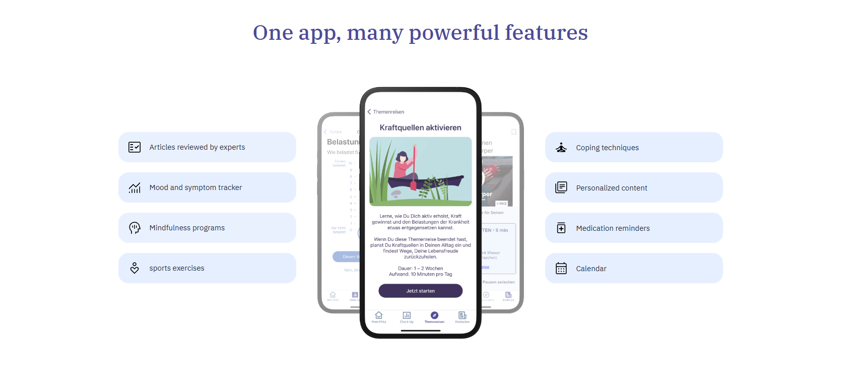 Screenshot of a mobile app interface showcasing features like articles review, mood tracker, mindfulness programs, sports exercises, coping techniques, personalized content, medication reminders, and calendar. The central focus is a smartphone displa
