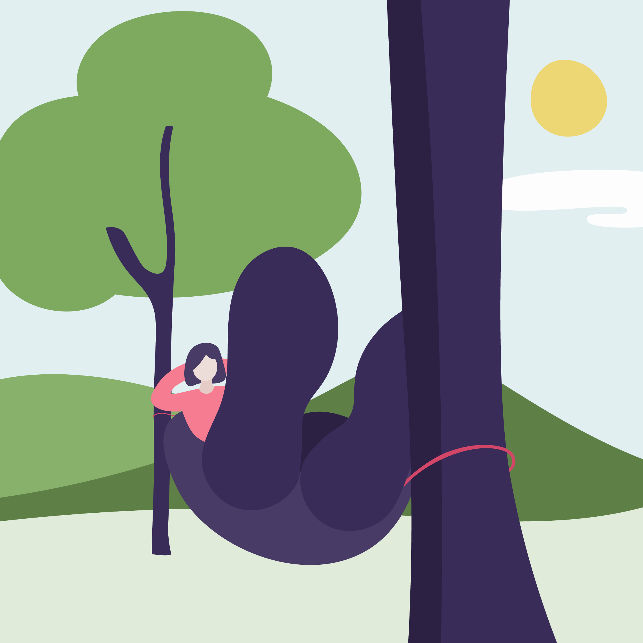 Abstract digital illustration featuring stylized trees with green, purple, and yellow circular shapes in a natural landscape with light background.