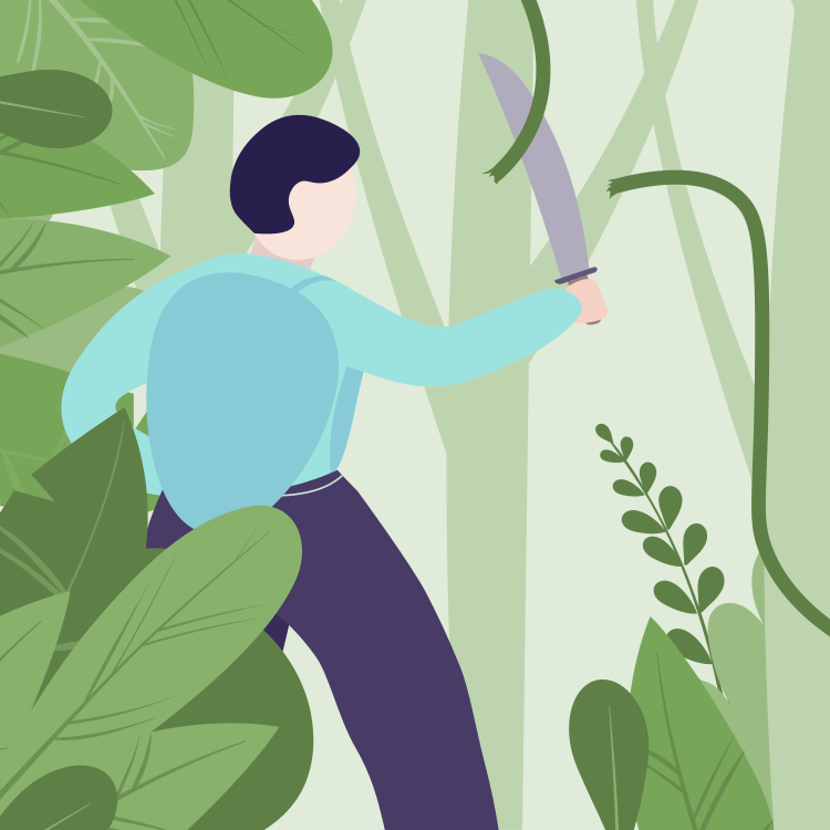 A person in a light blue shirt and dark pants wielding a curved knife or machete in a jungle.