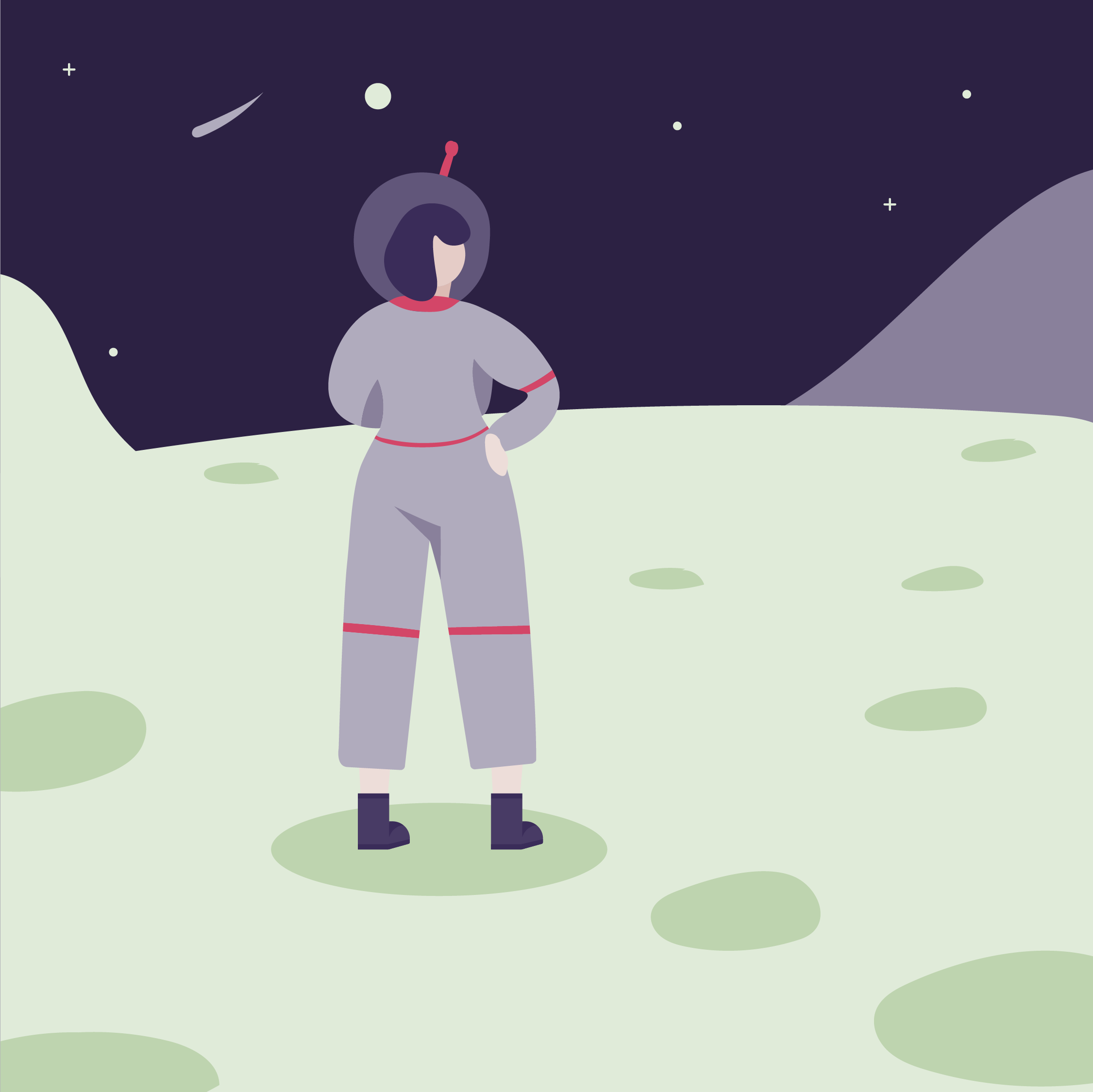 A cartoon illustration of an astronaut with short dark hair, wearing a light gray spacesuit with red accents, standing on a light green landscape with circular patches. The background features a dark purple sky with stars, a comet, and a distant plan