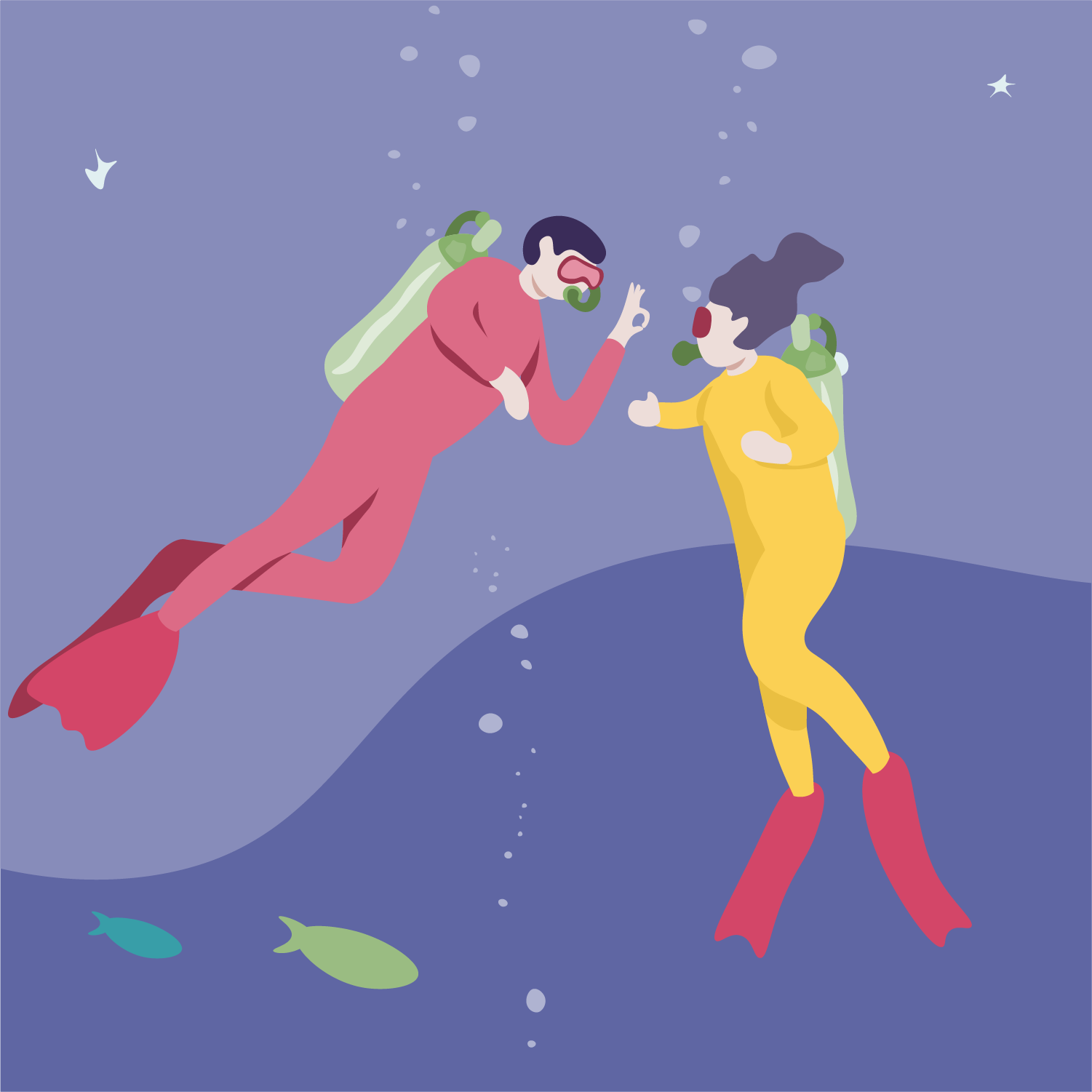 Two divers in colorful wetsuits and fins exploring underwater, surrounded by small fish and bubbles.