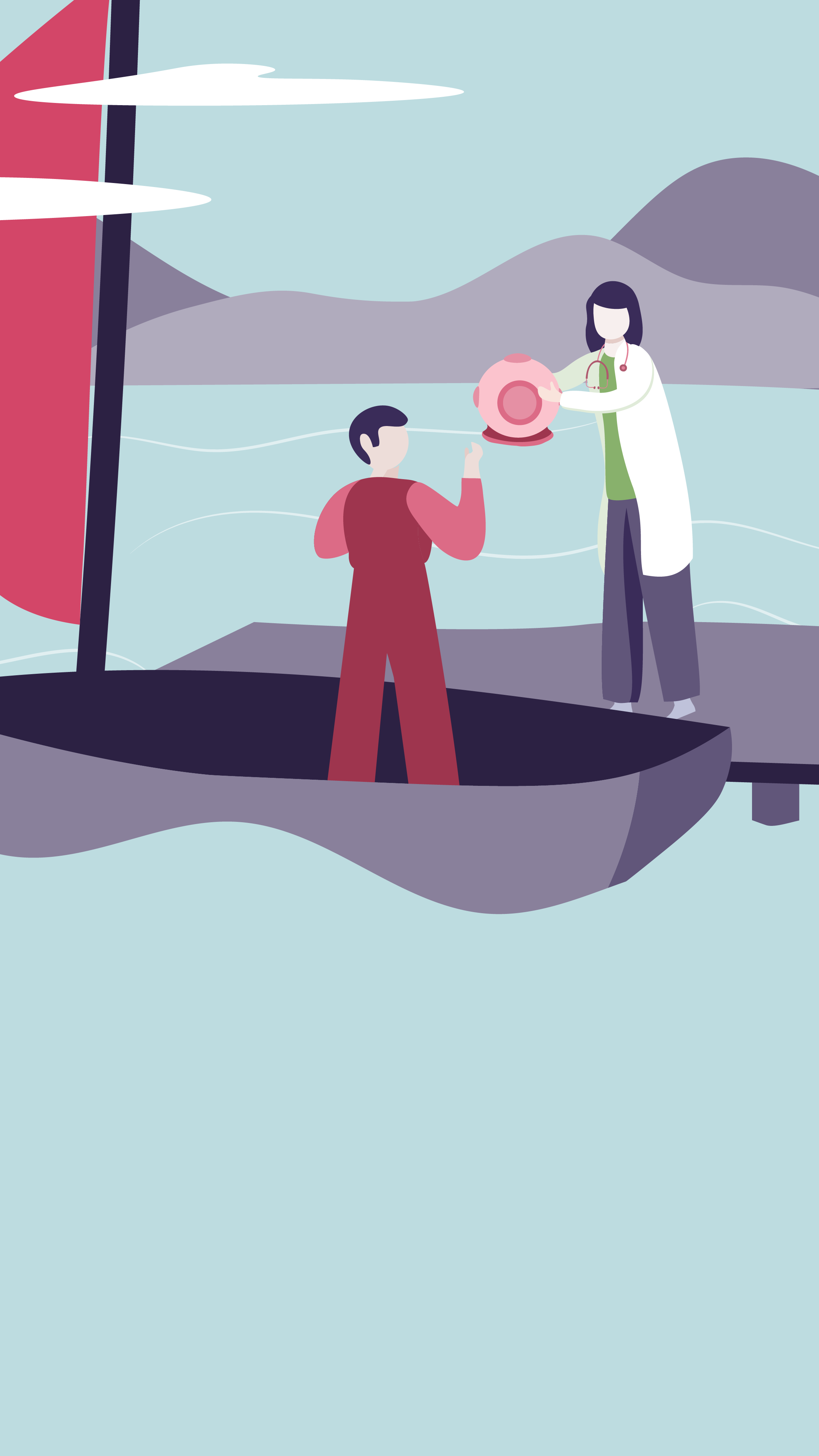 Illustration of a medical professional handing a pink piggy bank to a person in a boat on a body of water, with mountains in the background.