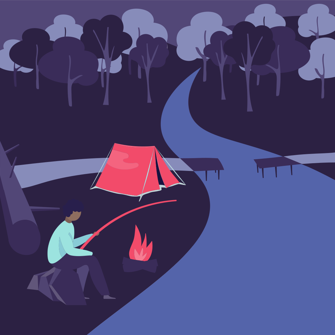 Person sitting by a campfire in a forest clearing at night, fishing near a tent, with a winding river and trees in the background.