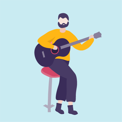 Illustration of a man with a beard sitting on a pink stool and playing an acoustic guitar.