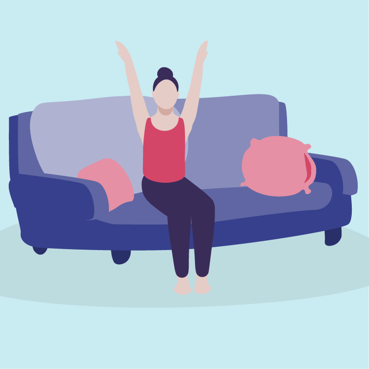 An illustrated woman sitting on a blue couch with arms raised above her head, with pink pillows on each side.