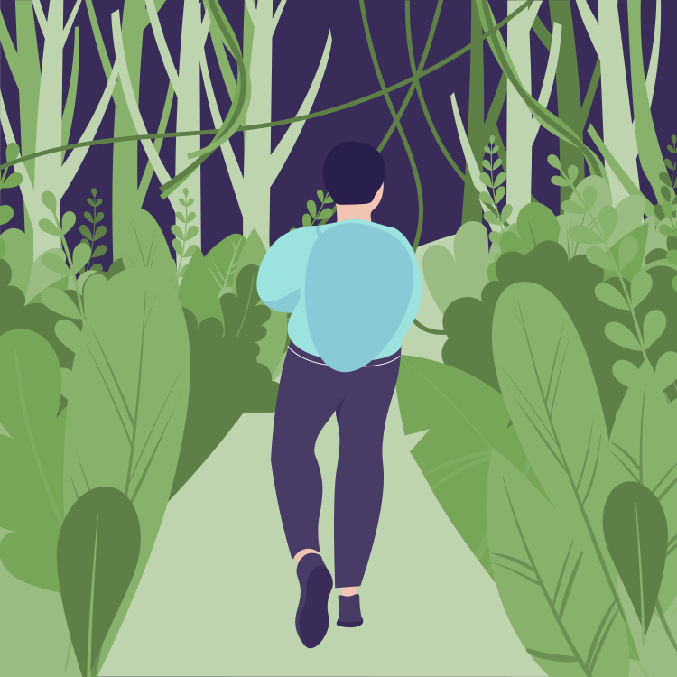 A person walking on a path through a dense green forest at night.