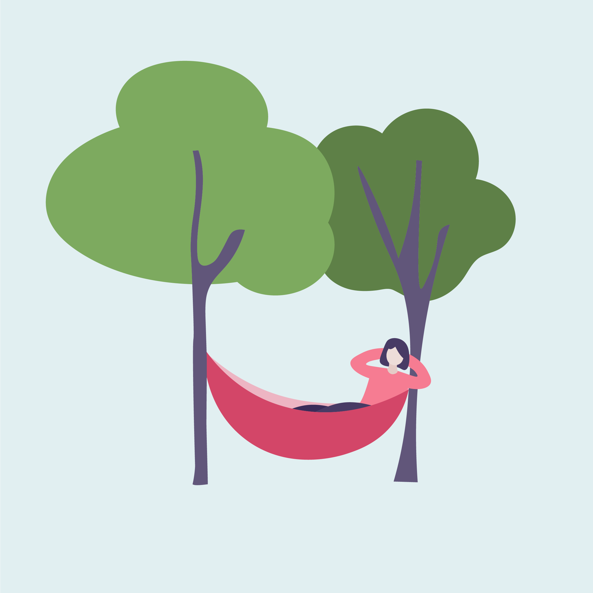 Illustration of a person relaxing in a small boat on water under trees.