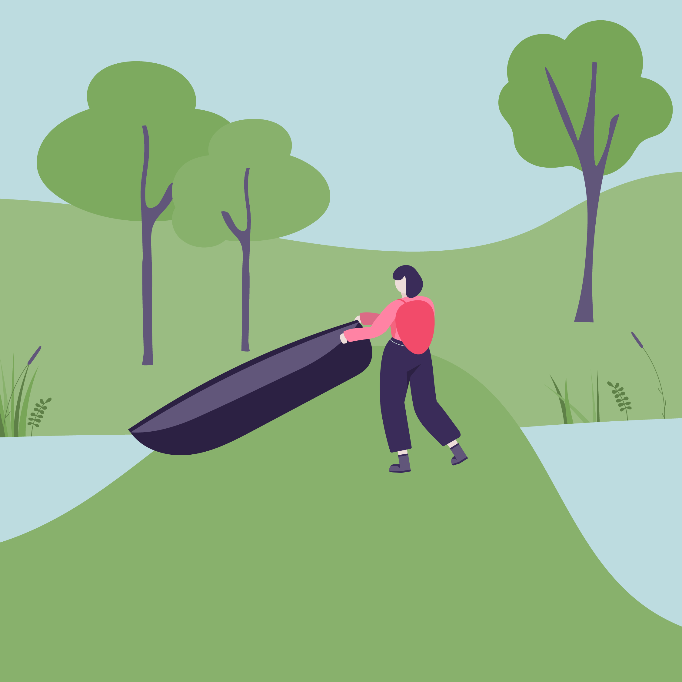 Illustration of a girl sitting on a fallen tree trunk in a park with green trees, grass, and a blue sky with clouds.