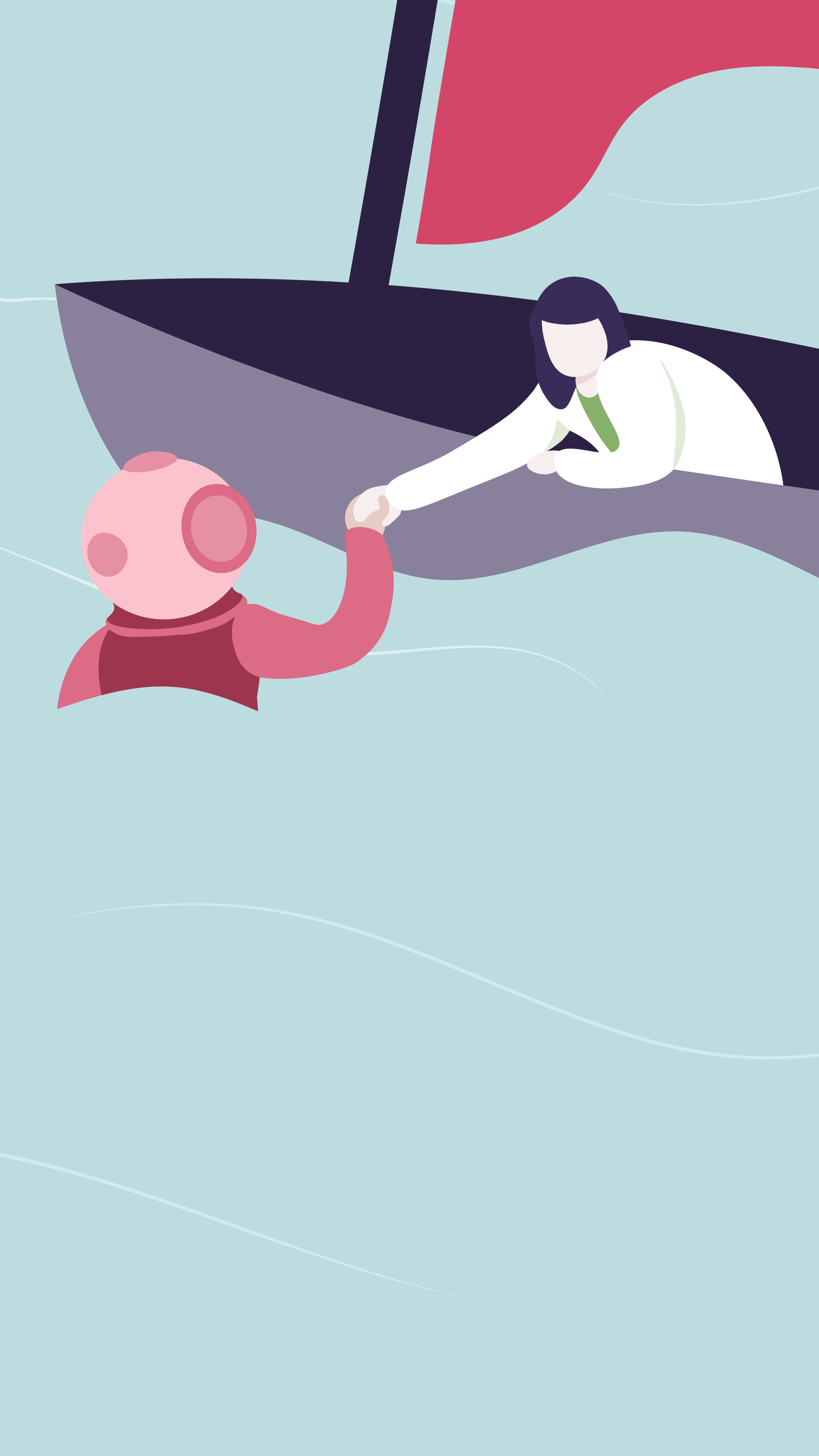 Illustration of two people reaching out to shake hands in front of a large sailboat with a red sail.