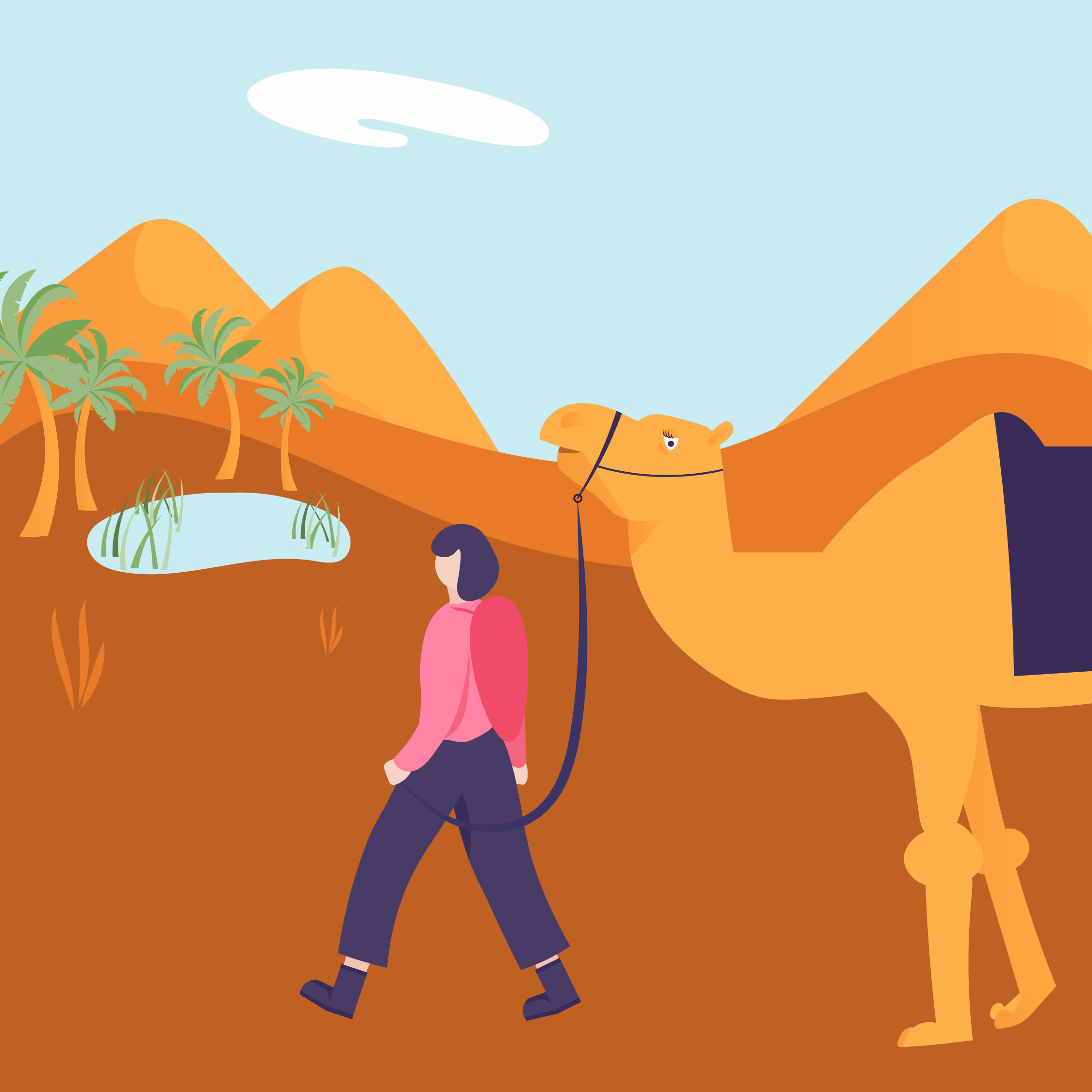 A stylized cartoon desert scene with orange mountains, green palm trees, a small pond with grasses, a girl with short dark hair, wearing a pink hoodie and dark pants, walking a yellow camel with a black saddle and a blue harness, under a blue sky wit