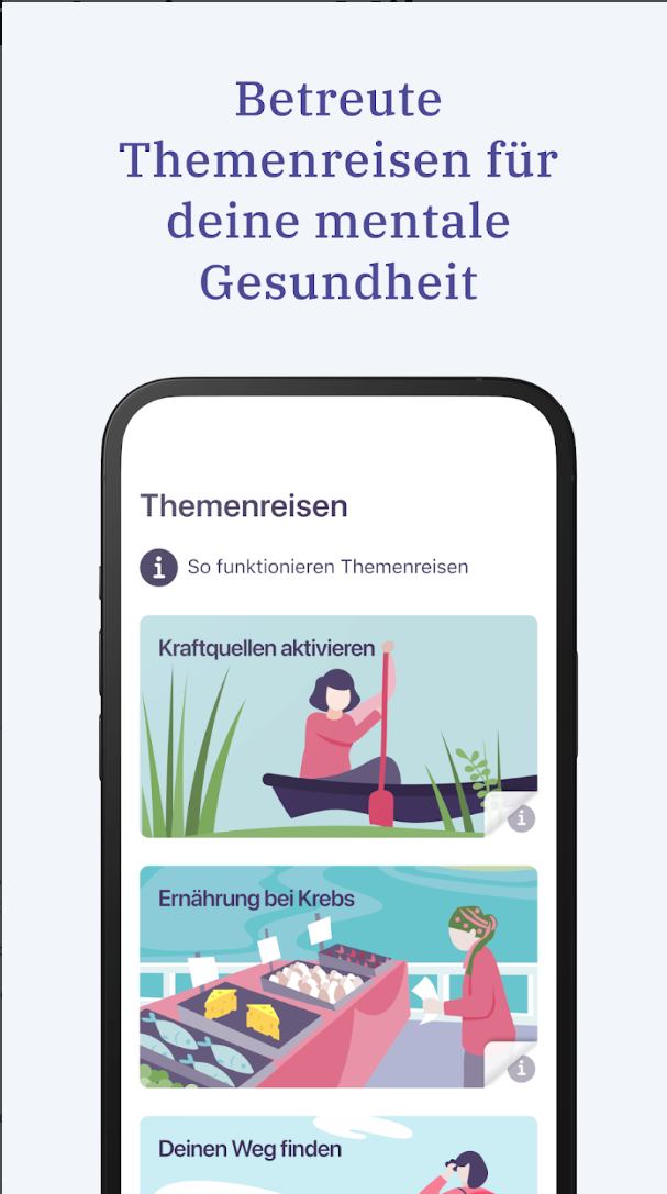 German-language mobile app interface about mental health themed journeys, featuring illustrations of a person kayaking, a person at a buffet, and a person seeking directions.