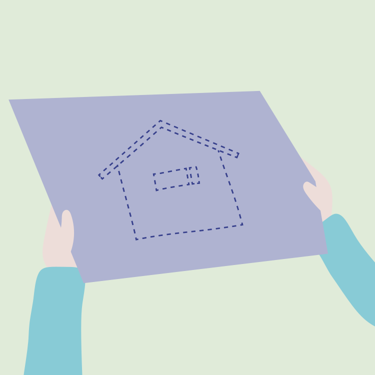 Hands holding a blueprint or drawing of a house with dashed lines.