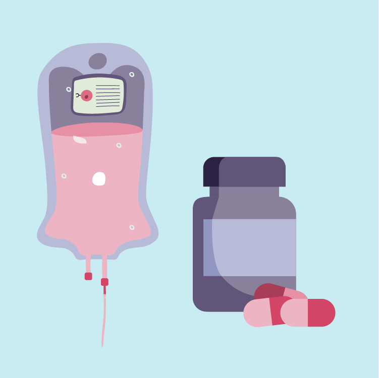 Illustration of a blood bag connected by a tube, a medication bottle, and two pills on a light blue background.